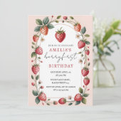 Mooie Roze Aardbei Eerste Verjaardag Kaart (Staand voorkant)