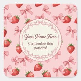 Mooie Roze Aardbei en Strikken Patroon Aangepaste Vierkante Sticker