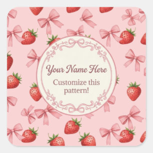 Mooie Roze Aardbei en Strikken Patroon Aangepaste Vierkante Sticker