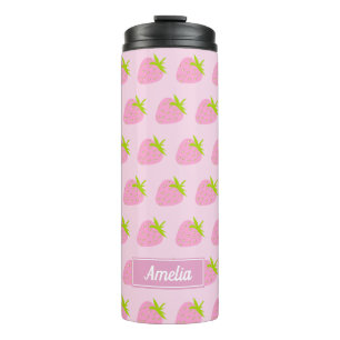 Mooie Roze Aardbei Patroon Met Naam Thermosbeker