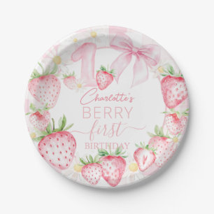 Mooie Roze Aardbeien Eerste Verjaardag Papieren Bordje