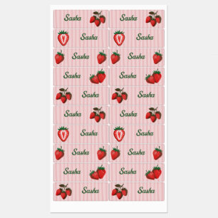 Mooie Roze Aardbeien & Strepen Schoolnaam Labels