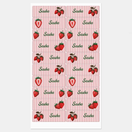 Mooie Roze Aardbeien & Strepen Schoolnaam Labels (Vel)