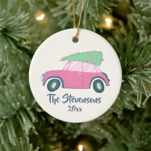 Mooie Roze Aquarel Auto Kerstboom Persoonlijk Keramisch Ornament