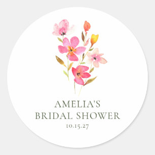 Mooie Roze Aquarel Bloemachtige Bruidsdouche Ronde Sticker