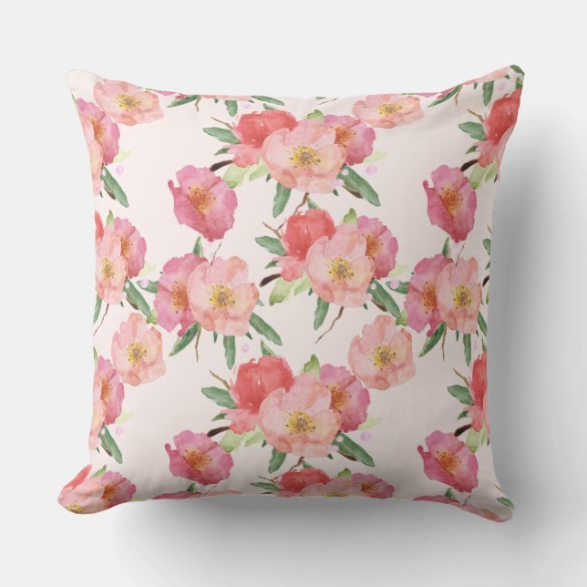 Mooie Roze Aquarel Bloemen Kussen (Voorkant)