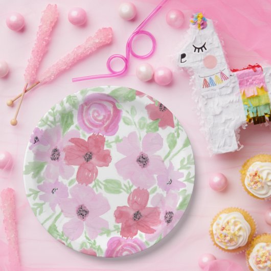 Mooie Roze Aquarel Bloemen Papieren Bordje (Feest)