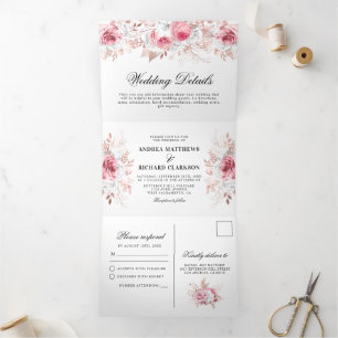 Mooie Roze Aquarel Bloemige Trouwdriehoek Drieluik Uitnodiging