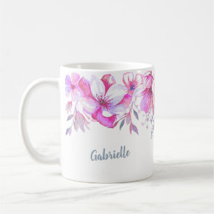 Mooie Roze Aquarel Bloemrijke Rand Aangepaste Naam Koffiemok