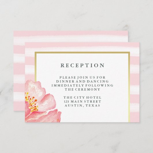 Mooie Roze Aquarel Pioen en Strepen Receptie Informatiekaartje (Voorkant / Achterkant)