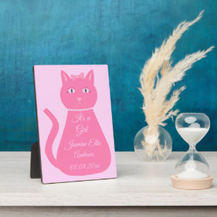 Mooie Roze Baby Meisje Kat Geboorteaankondiging Fotoplaat