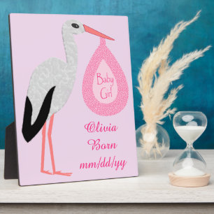 Mooie Roze Baby Meisje Ooievaar Geboorteaankondigi Fotoplaat