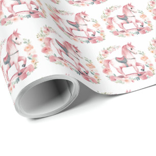 Mooie roze baby meisje schommelpaard cadeaupapier