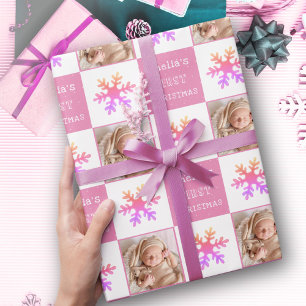 Mooie Roze Baby's eerste kerst Sneeuwvlok Foto  Cadeaupapier