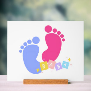 Mooie Roze Blauwe Baby Voetafdrukken Blokletters Acryl Bord