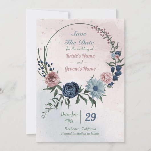 mooie roze blauwe florale kreet save the date (Voorkant)