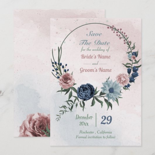 mooie roze blauwe florale kreet save the date (Voorkant / Achterkant)
