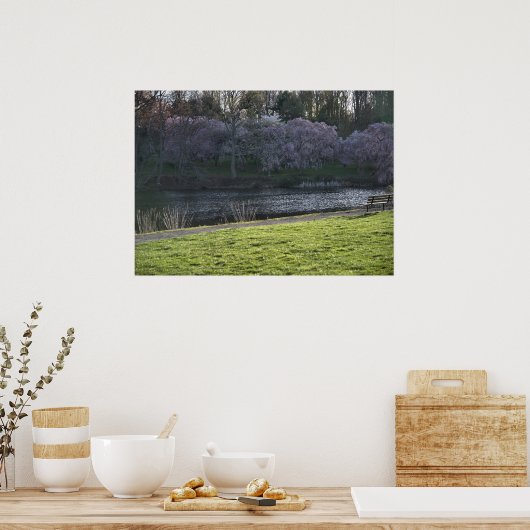 Mooie Roze Bloeiende Bomen Vijver Poster (Keuken)