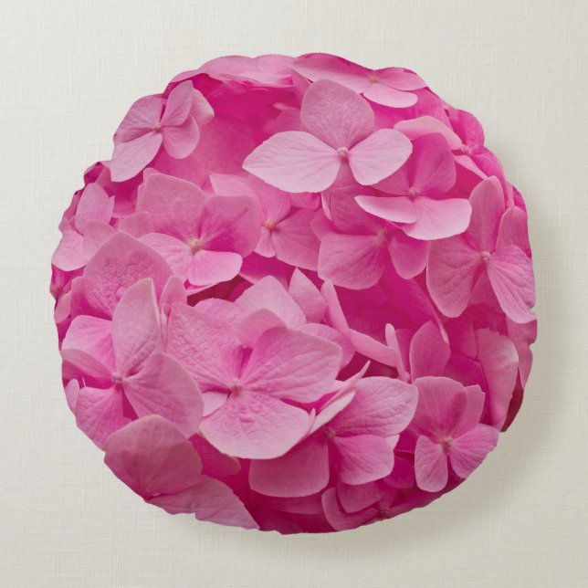 Mooie roze bloeiende hortensia, elegante bloem rond kussen (Voorkant)