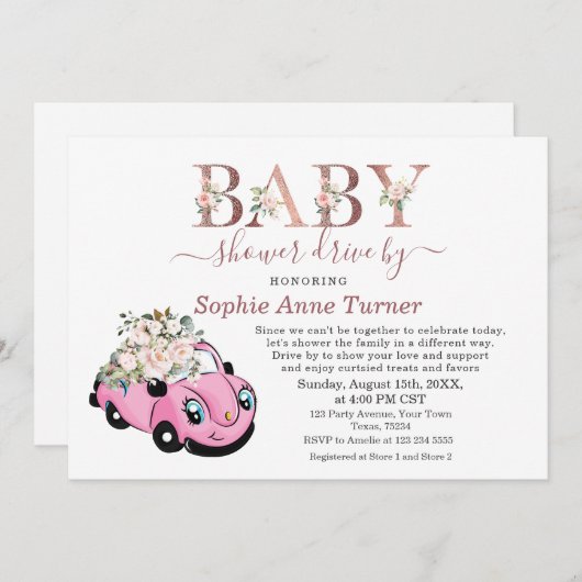 Mooie Roze Bloem Meisje Baby Shower Rij Langs Kaart (Voorkant / Achterkant)