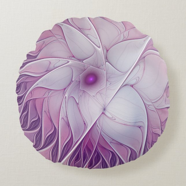 Mooie Roze Bloem Moderne Abstracte Fractale Kunst Rond Kussen (Voorkant)