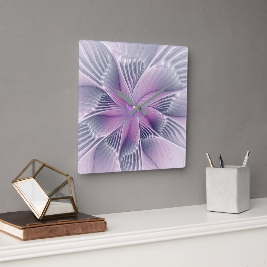 Mooie Roze Bloem Moderne Abstracte Fractale Kunst Vierkante Klok (Kantoor)