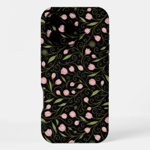 Mooie, roze bloem op zwart met herhalend patroon iPhone 16 pro max hoesje