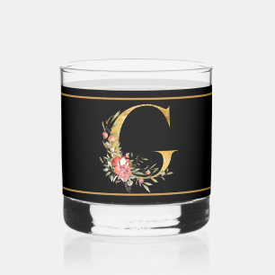 Mooie Roze Bloem Versierd Goud Monogram G Whisky Glas