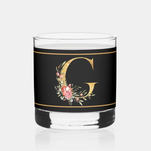Mooie Roze Bloem Versierd Goud Monogram G Whisky Glas (Voorkant)