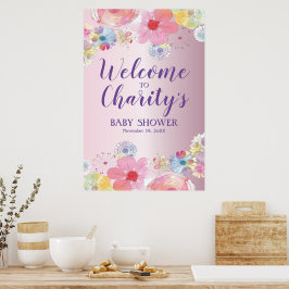Mooie Roze Bloemachtige Baby Shower Poster