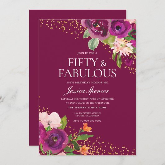 Mooie roze bloemen 50th Birthday Party Kaart (Voorkant / Achterkant)