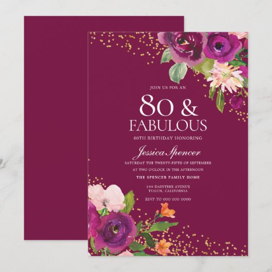 Mooie roze bloemen 80th Birthday Party Kaart (Voorkant / Achterkant)