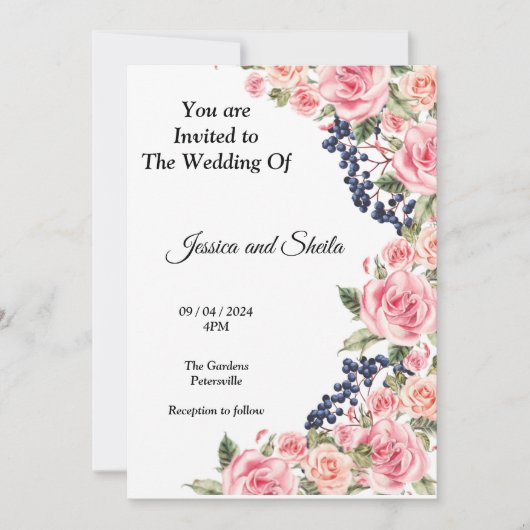 Mooie roze bloemen bruiloft uitnodiging, kaart (Voorkant)