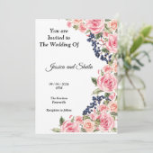 Mooie roze bloemen bruiloft uitnodiging, kaart (Staand voorkant)