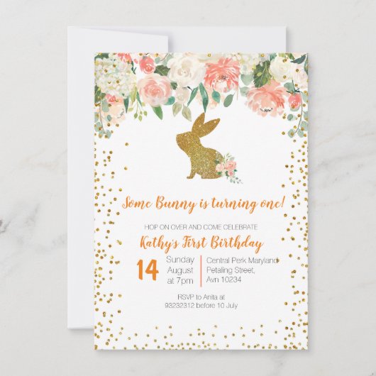 Mooie Roze Bloemen Bunny 1e Verjaardag Kaart (Voorkant)