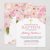 Mooie Roze Bloemen Dopen Uitnodiging (Voorkant / Achterkant)