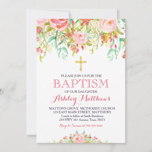 Mooie Roze Bloemen Dopen Uitnodiging (Voorkant)