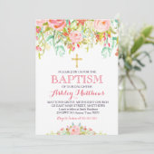 Mooie Roze Bloemen Dopen Uitnodiging (Staand voorkant)