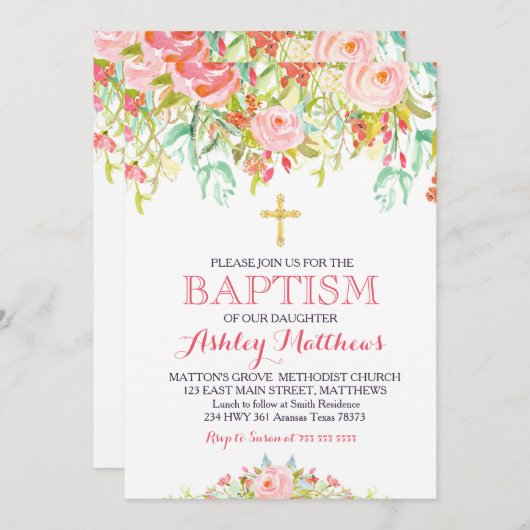 Mooie Roze Bloemen Dopen Uitnodiging (Voorkant / Achterkant)