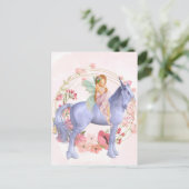 Mooie roze bloemen fee en eenhoorn briefkaart (Staand voorkant)