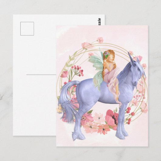 Mooie roze bloemen fee en eenhoorn briefkaart (Voorkant / Achterkant)