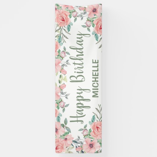 Mooie Roze Bloemen Gelukkig Verjaardag  Spandoek (Verticaal)