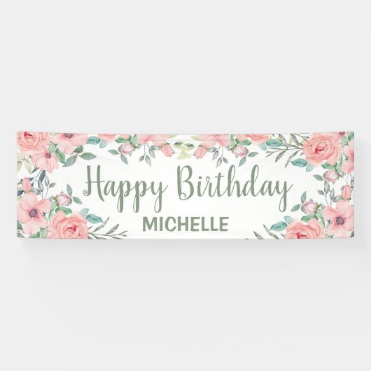 Mooie Roze Bloemen Gelukkig Verjaardag  Spandoek (Horizontaal)