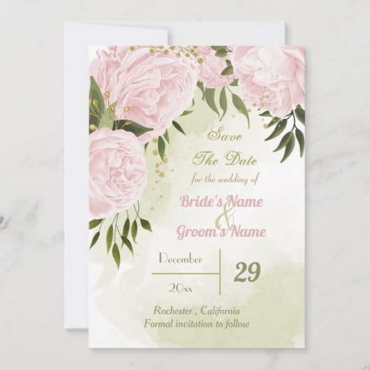 mooie roze bloemen groene bladeren botanisch save the date (Voorkant)