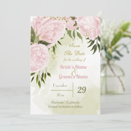mooie roze bloemen groene bladeren botanisch save the date (Staand voorkant)