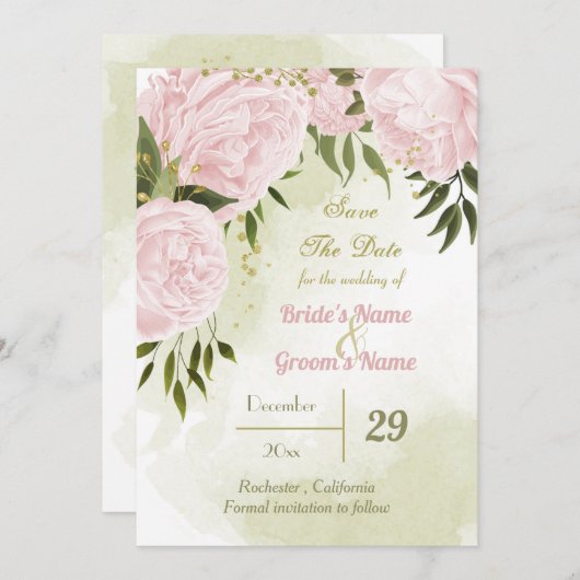 mooie roze bloemen groene bladeren botanisch save the date (Voorkant / Achterkant)