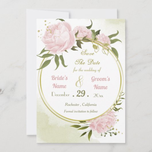 mooie roze bloemen groene bladeren save the date (Voorkant)