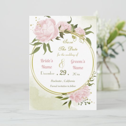 mooie roze bloemen groene bladeren save the date (Staand voorkant)