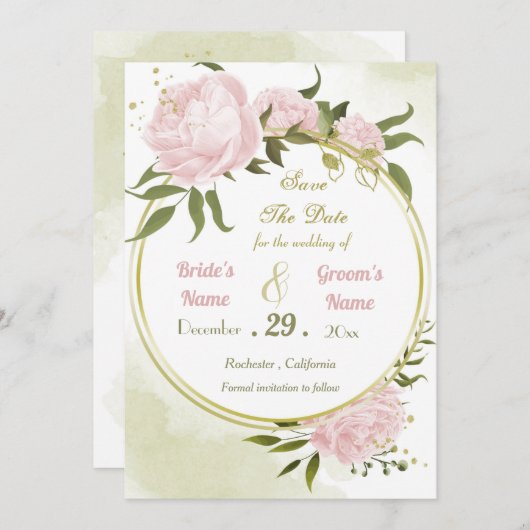 mooie roze bloemen groene bladeren save the date (Voorkant / Achterkant)