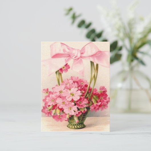 Mooie  roze bloemen in groene mand briefkaart (Staand voorkant)